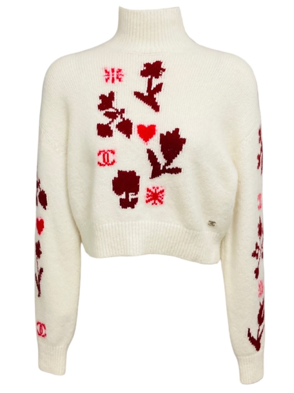 CHANEL IVORY / RED / BURGUNDY INTARSIA CASHMERE KNIT PULLOVER SWEATER WITH CRYST